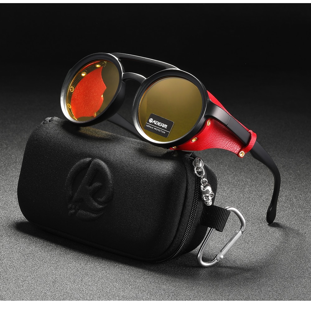 Vintage Round Sunglasses  Leather Shield