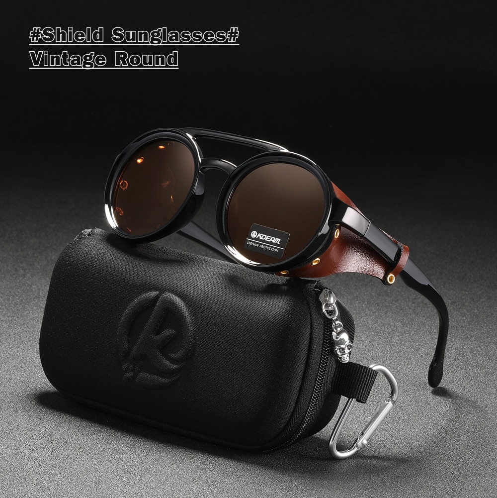 Vintage Round Sunglasses  Leather Shield